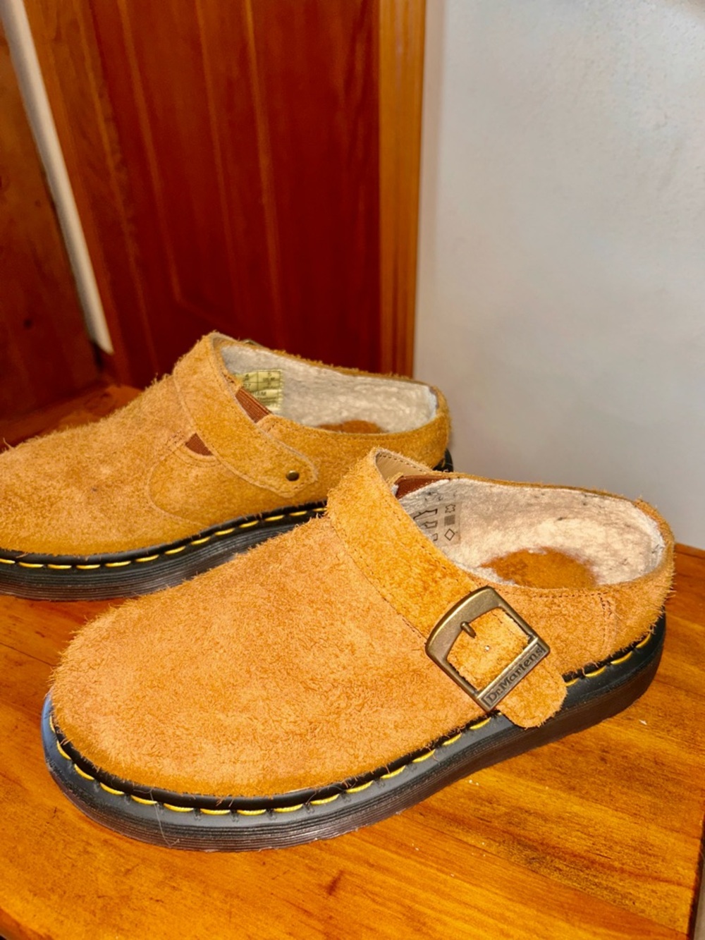 Dr. Martens Tan Suede Clog Mule with Yellow Welt Stitching - Picture 5 of 8